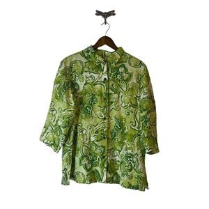 Chico’s 100% Linen Green and White Floral Print Blouse Chico’s Size 3